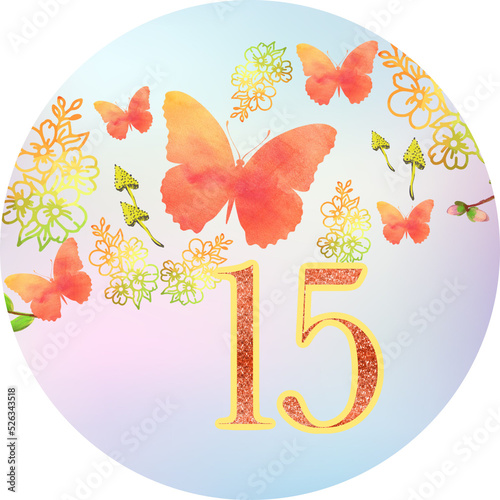 Holiday circle icon witn butterflies, flowers. Holiday, birthday, Christmas illustration, toppers, sticker. Number 15 photo