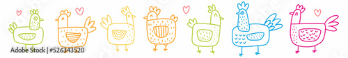 A hand-drawn set of cute chickens. Vector illustration of farm birds drawn in the style of doodles.