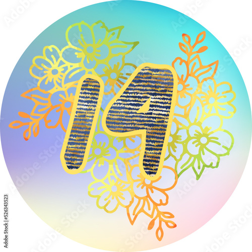 butterfly and flowers. Icon, holiday ball, circle. Wedding, birthday sticker, topper, card. 14 number, advent. Valentines day. photo