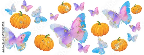 Butterflies  pumpkins  golden splashes  floral elements. Halloween pattern  autumn  forest  field design template.