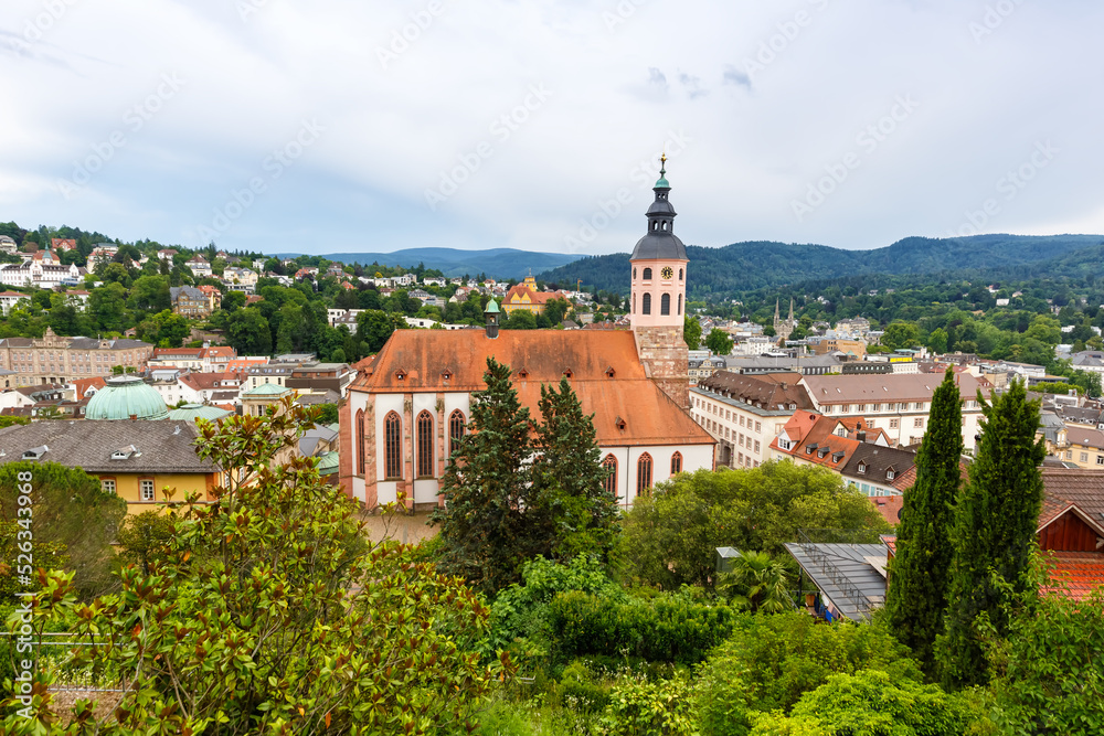 Overview of Baden-Baden town in the Black Forest with church travel traveling in Germany