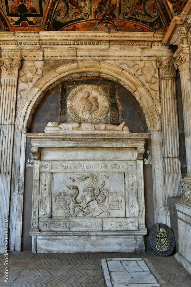The tomb of Dracula, in the cloister of the church of Santa Maria la Nova, now a museum, in Naples, Italy.