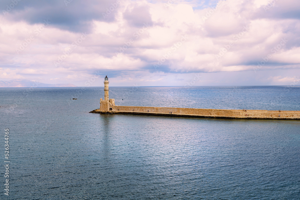 Landmarks of Crete - Panorama View of lighthouse in old harbour of Chania, Greece. High quality photo