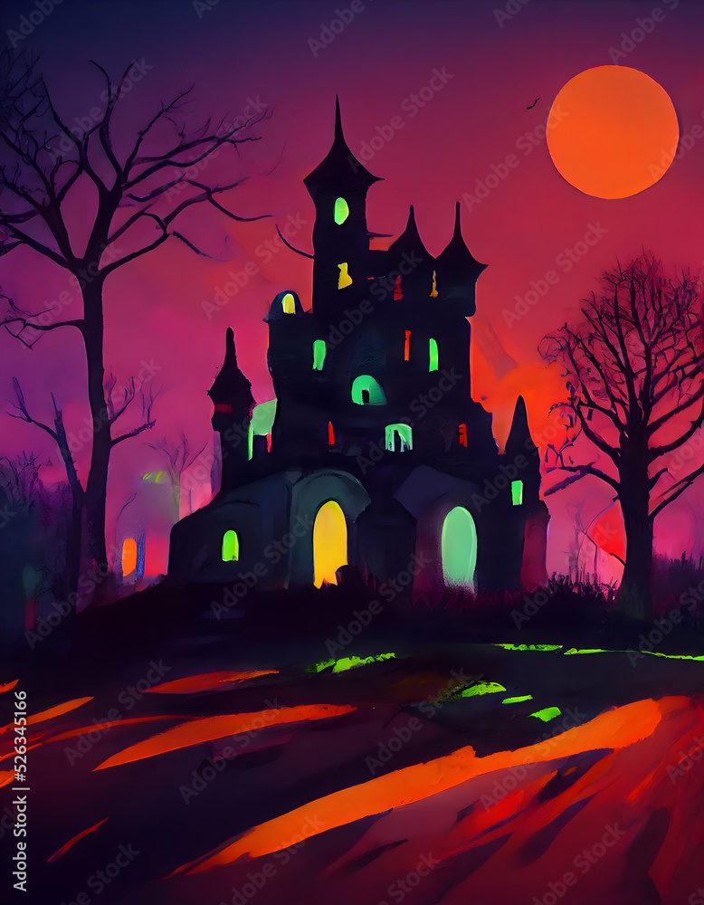 A spooky macabre Halloween digital painting, greeting card with a gothic castle, cemetery, trees, moon. 