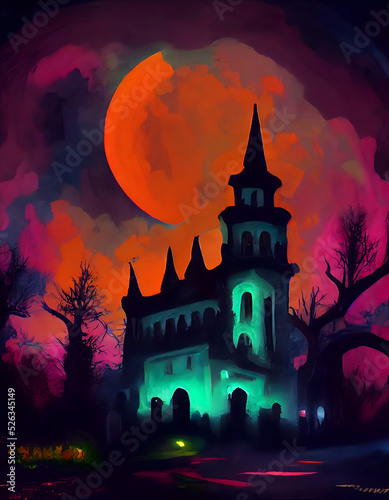 A spooky macabre Halloween digital painting, greeting card with a gothic castle, cemetery, trees, moon.  © acidmagenta