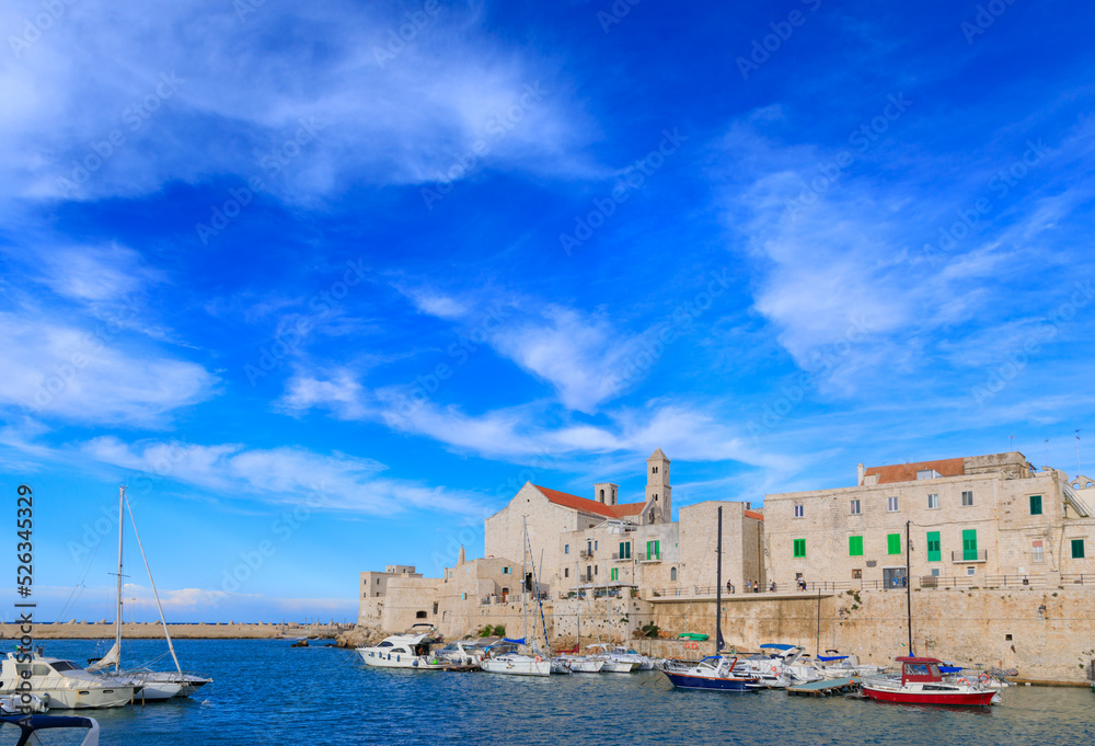 Giovinazzo old town in Apulia, Italy: view of the harbor with the Cathedral of Santa Maria Assunta in Apulian Romanesque style.