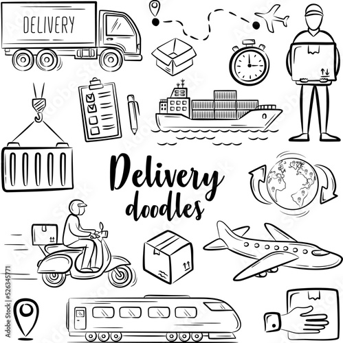Logistic shipping freight service supply icons. Hand drawn doodle icons set isolated vector illustration on white background