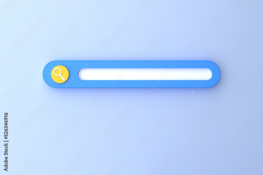 Empty search bar with magnifying glass, web search template on blue background. 3D render, 3D illustration Empty search bar with magnifying glass, web search template on blue background. 3D render, 3D illustration