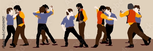 Men tango. Vector set of two men, tango dancers in different dance postures. Bright expressive illustration.