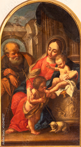 ALAGNA, ITALY - JULY 16, 2022: The painting of Holy Family with the St. John the Baptist in the church San Giovanni Battista by unknown artist.