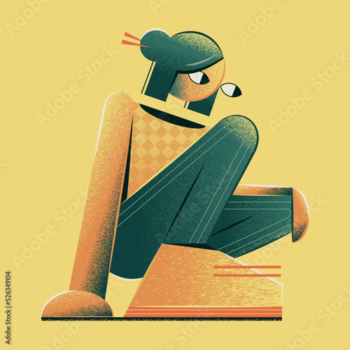 Asian woman in squat. Vector illustration of a crouching girl.