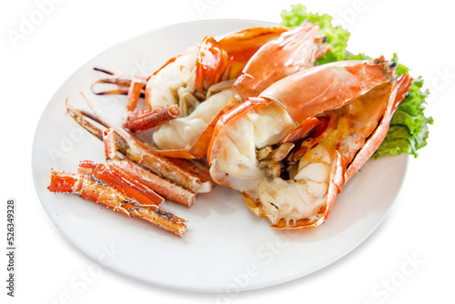 Top view of Prawns, Grilled river shrimp or Thai shrimp and lettuce, focus selective.