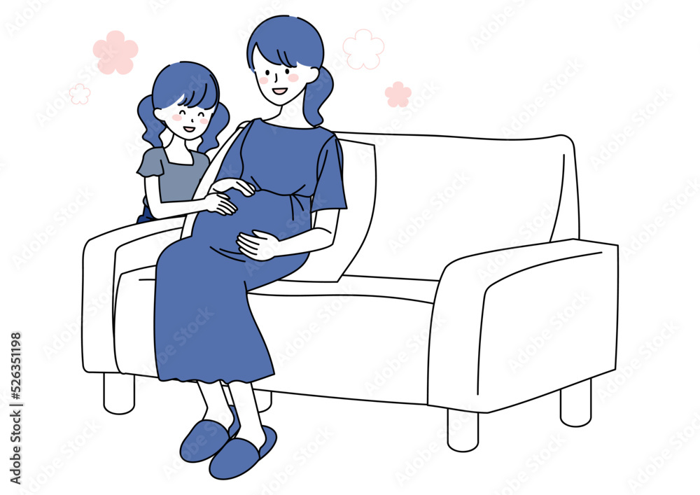 微笑む妊婦とお腹を撫でる娘 微笑む妊婦とお腹を撫でる娘