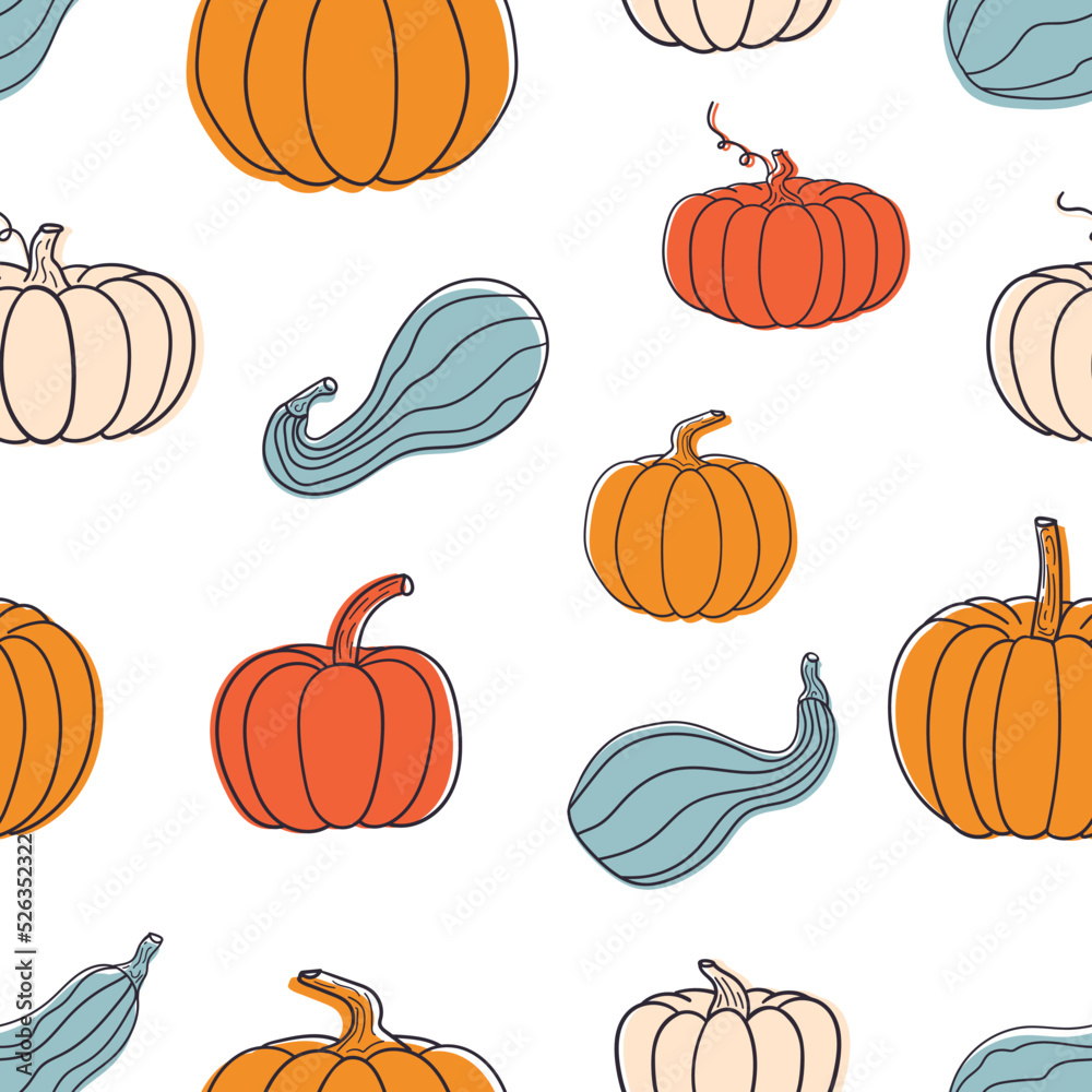Seamless pattern with pumpkins. Doodle-style pumpkins. Autumn illustration. Vector image.	
