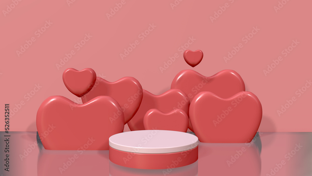 Graphic 3d render background theme of pinky love heart with podium for product.