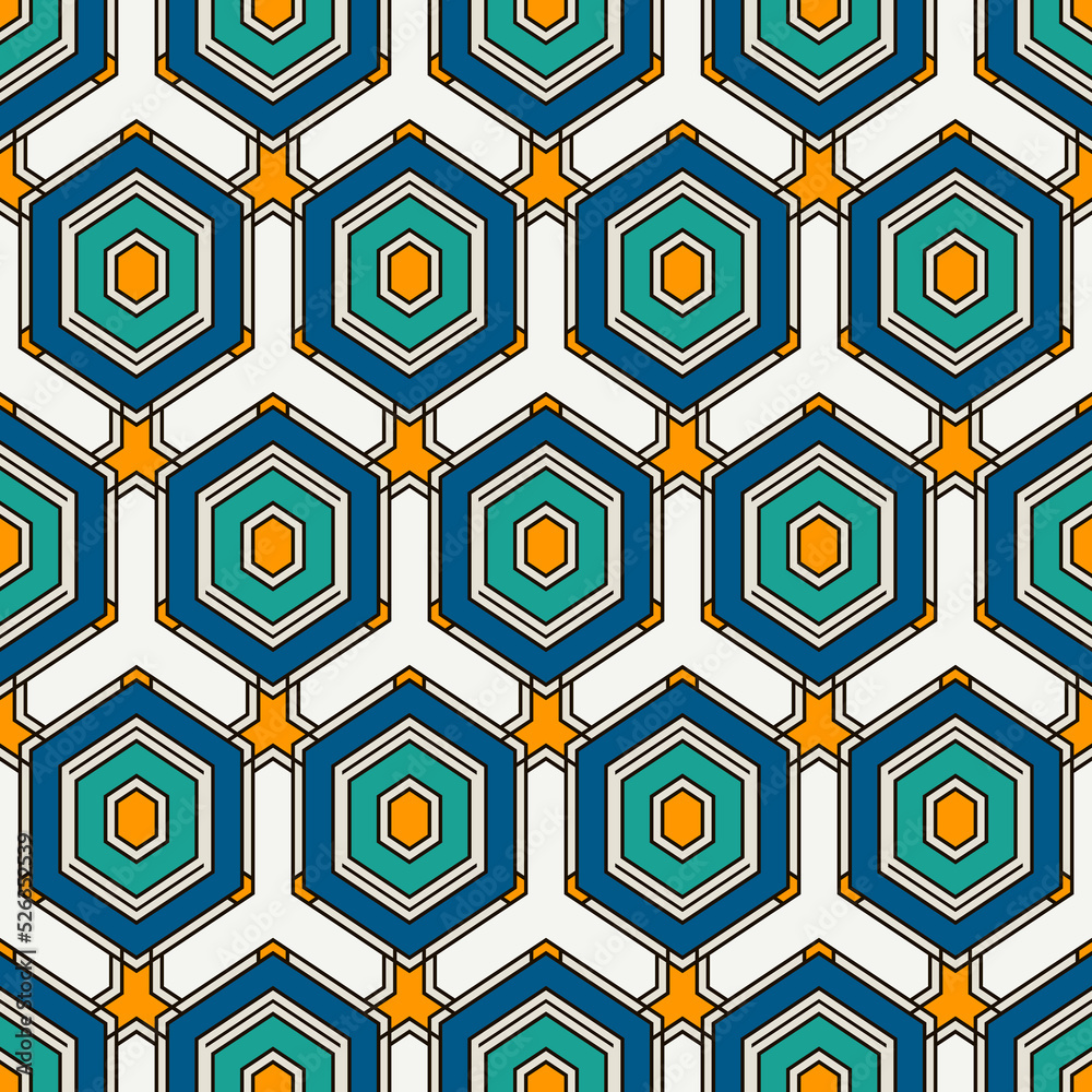 Honeycomb seamless pattern. Hexagon mosaic tiles ornament. Ethnic surface print. Repeated geometric figures background. Ornamental wallpaper. Modern geo design digital paper. Vector abstract artwork Honeycomb seamless pattern. Hexagon mosaic tiles ornament. Ethnic surface print. Repeated geometric figures background. Ornamental wallpaper. Modern geo design digital paper. Vector abstract artwork