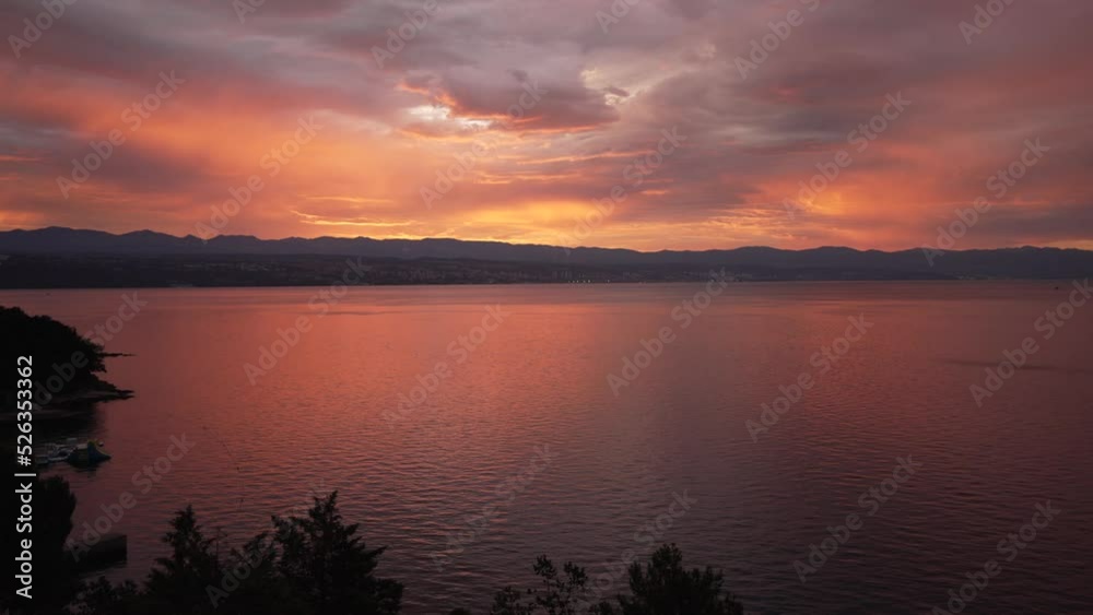 Kvarner Bay across to Rijeka from Lovran and red sky after sunset, Kvarner Bay