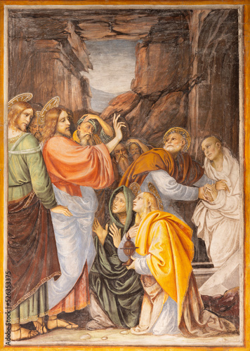 VARALLO, ITALY - JULY 17, 2022: The renaissance fresco of Resurrection of Lazarus in the church Chiesa Santa Maria delle Grazie by Gaudenzio Ferrari (1513).