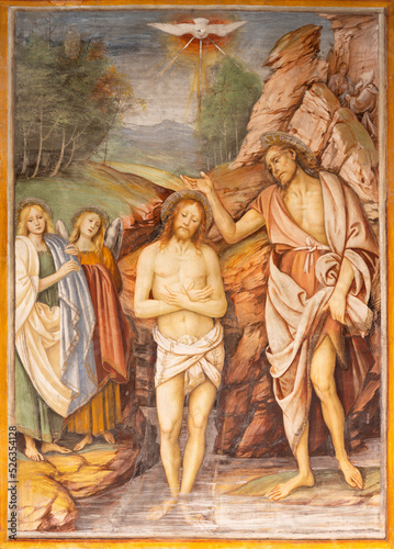 VARALLO, ITALY - JULY 17, 2022: The renaissance fresco of Baptism of Christ in the church Chiesa Santa Maria delle Grazie by Gaudenzio Ferrari (1513).