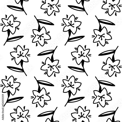 Doodle flower seamless pattern. Black flowers variety, hand drawn floral texture. Spring themed cute sketch elements