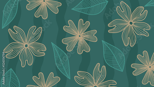 Background with flowers and leaves in dark green colors. Floral vector illustration in cartoon style.