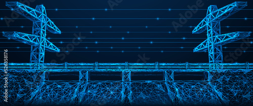 Hydroelectric power station with towers of a high-voltage power line. Polygonal design. Blue background.