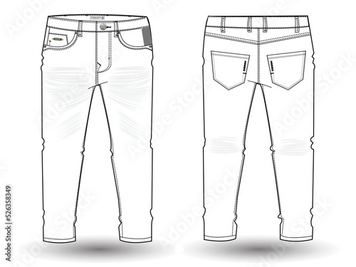 Denim Pant flat sketch design. Denim long pant Technical Fashion Illustration. Denim pant technical sketch for tech pack design and mockup 