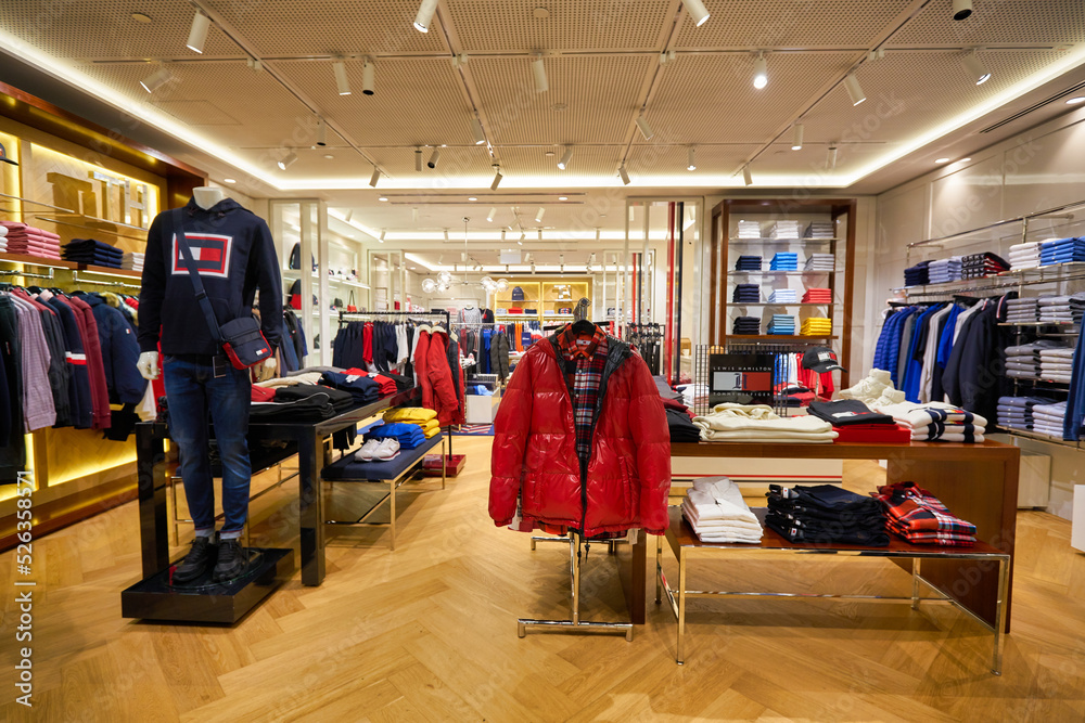 SINGAPORE - CIRCA JANUARY, 2020: clothes on display at Tommy Hilfiger ...