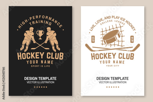Ice Hockey club logo, badge design. Concept for shirt or logo, print, stamp or tee. Winter sport. Flyer, brochure, banner, poster with player, sticker, puck helmet and skates silhouette. Vector.