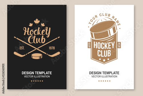 Ice Hockey club logo, badge design. Concept for shirt or logo, print, stamp or tee. Winter sport. Flyer, brochure, banner, poster with player, sticker, puck helmet and skates silhouette. Vector.