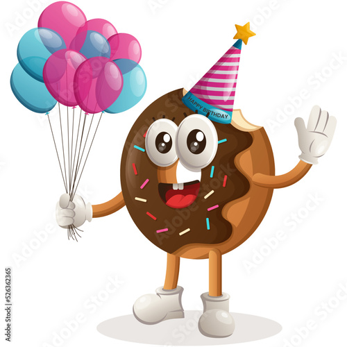Cute donut mascot wearing a birthday hat, holding balloons. Perfect for food store, small business or e-Commerce, merchandise and sticker, banner promotion, food review blog or vlog channel
