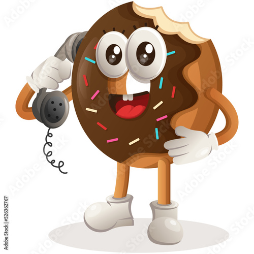 Cute donut mascot pick up the phone, answering phone calls. Perfect for food store, small business or e-Commerce, merchandise and sticker, banner promotion, food review blog or vlog channel