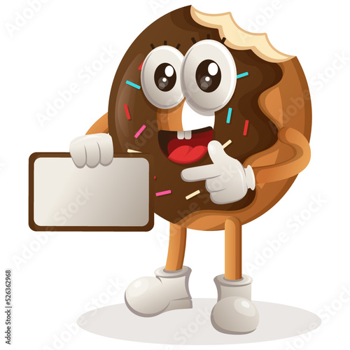 Cute donut mascot holding billboards for sale, sign board. Perfect for food store, small business or e-Commerce, merchandise and sticker, banner promotion, food review blog or vlog channel © Triyanto