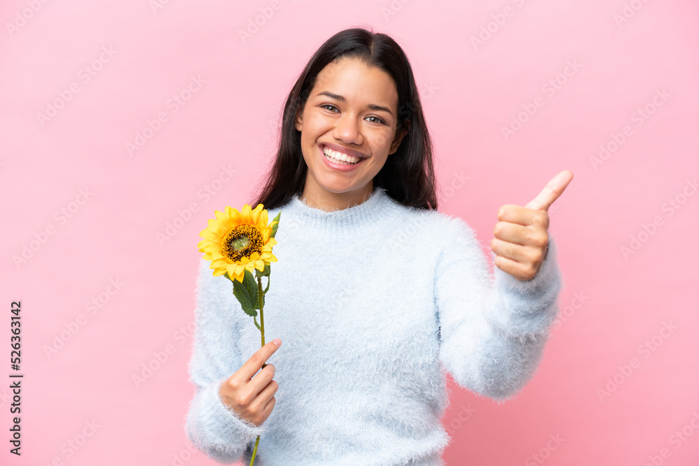 Young Colombian woman holding sunflower isolated on pink background with thumbs up because something good has happened Young Colombian woman holding sunflower isolated on pink background with thumbs up because something good has happened
