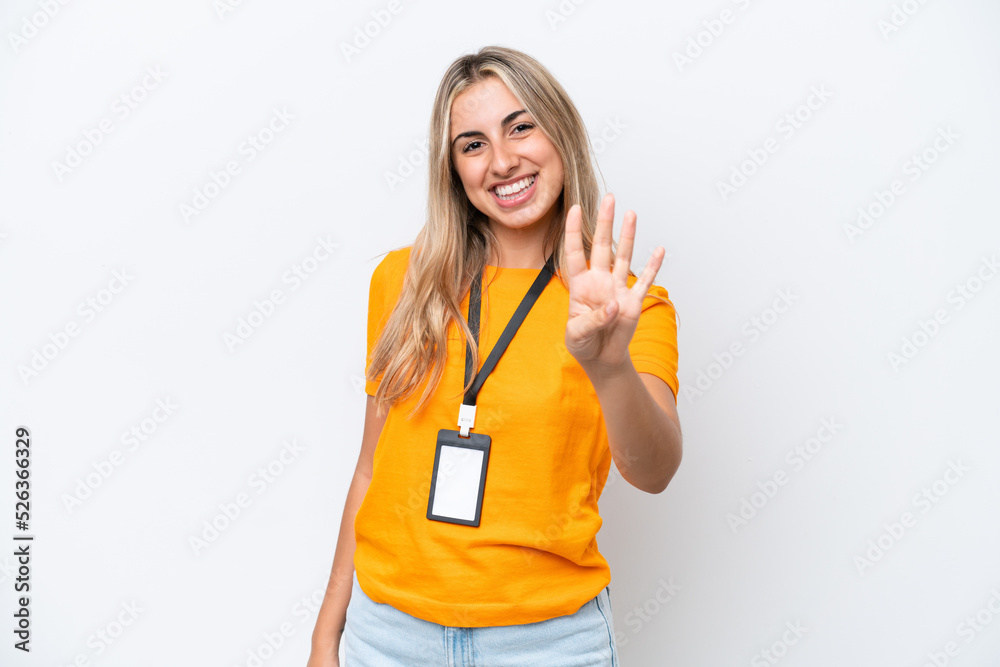 Young caucasian woman with ID card isolated on white background happy and counting four with fingers Young caucasian woman with ID card isolated on white background happy and counting four with fingers