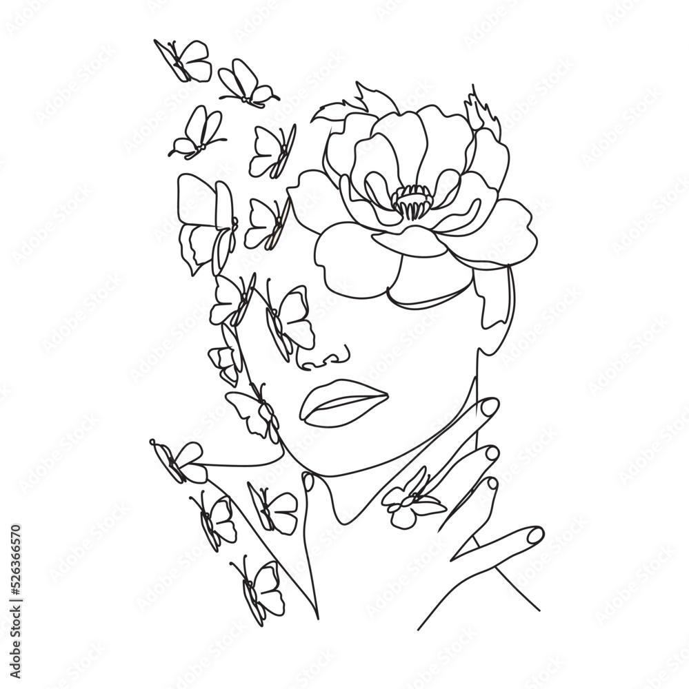 Fototapeta premium Woman face with butterfly and flowers. Line art female hands with butterflies. One line vector drawing. Portrait minimalistic style. Botanical print. Nature symbol of cosmetics.