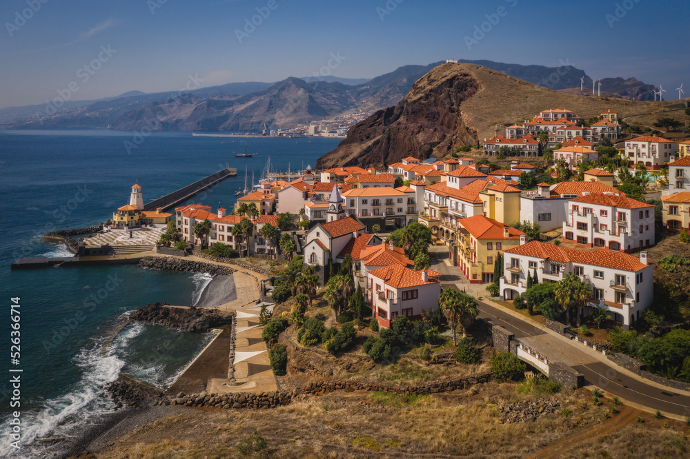 Quinta de Lorde village resort, Canical region, Madeira island. October 2021. Aerial drone panoramic picture