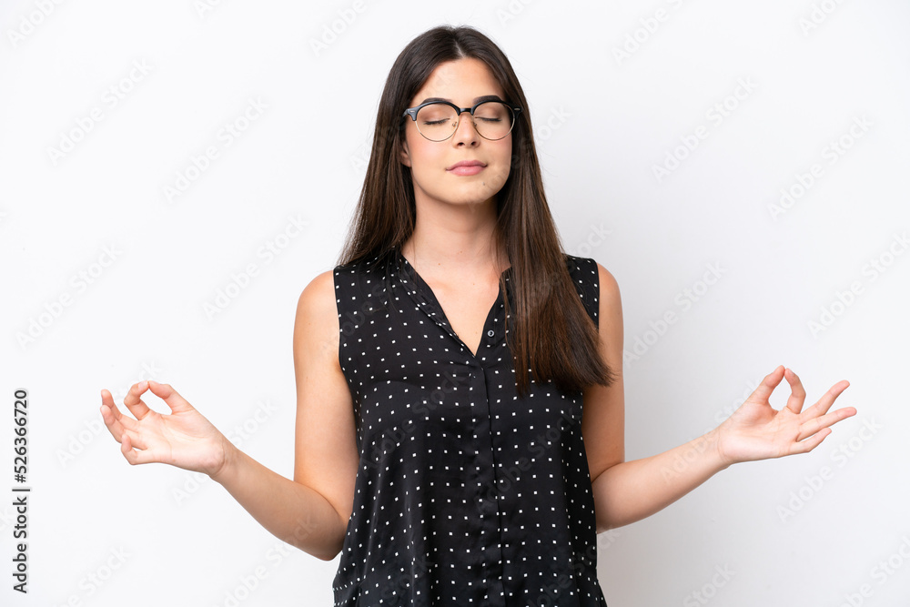 Young Brazilian woman isolated on white background in zen pose Young Brazilian woman isolated on white background in zen pose