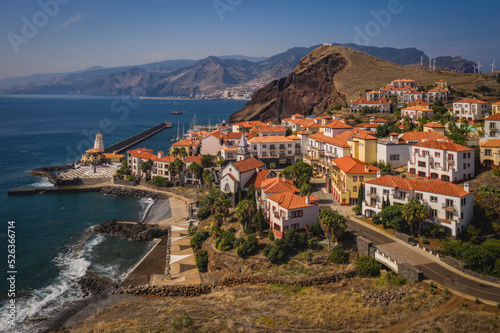 Quinta de Lorde village resort, Canical region, Madeira island. October 2021. Aerial drone panoramic picture