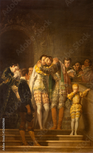 VALENCIA, SPAIN - FEBRUARY 14, 2022: The painting of scene from life of San Francis Borgia in the Cathedral by Francisco de Goya (1788).