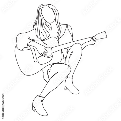 ingle One Line Vector Of Double Bass Player. Girl Playing Music Classical Instrument.Portrait minimalistic style.