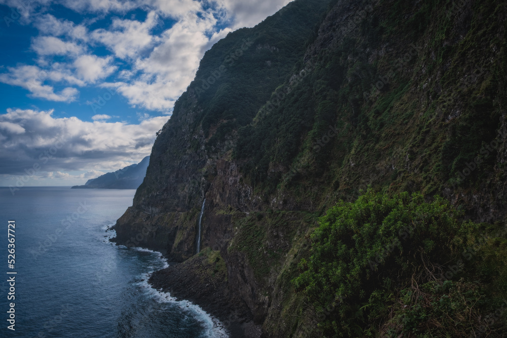 Ponta do Poiso waterfall on the north coast of the Madeira, Portugal, Seixal. October 2021