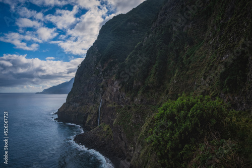 Ponta do Poiso waterfall on the north coast of the Madeira, Portugal, Seixal. October 2021