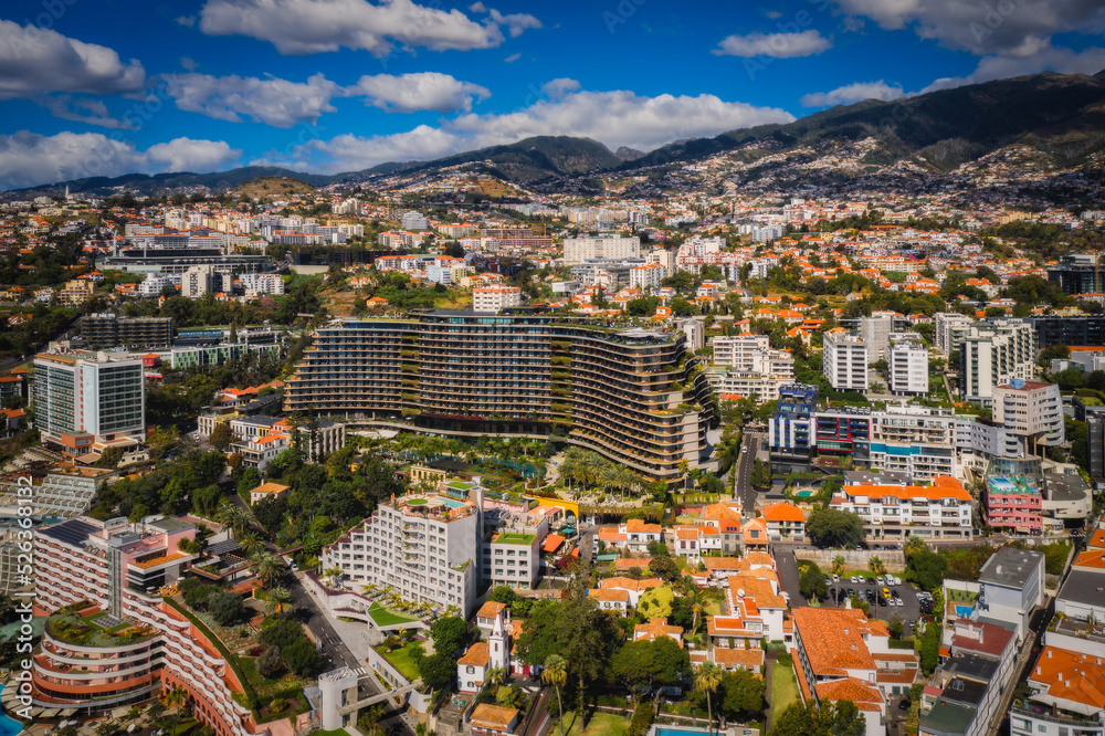 Cityscape of Funchal, Madeira, Portugal. Aerial drone picture, october 2021. Luxury resorts in front