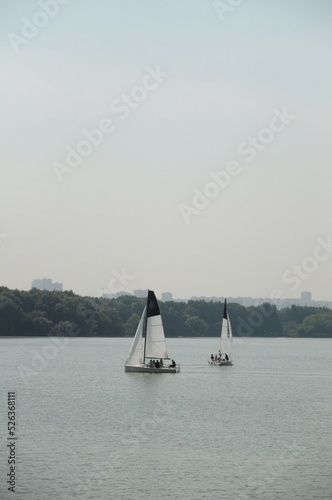 Two yachts with sail. Summer expensive leisure. Urban landscape. Calm surface of the lake. Yacht club. Sport competitions.