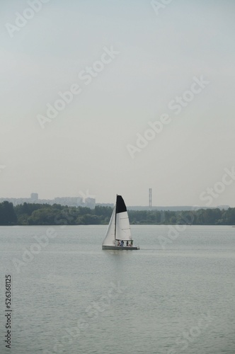 A yacht with a black and white sail and the number 