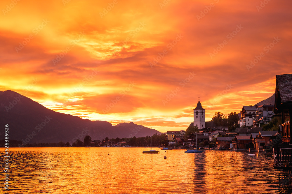 Sunset over Wolfgangsee lake at St. Wolfgang, Upper Austria