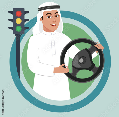 Arab muslim saudi man holding a steering of car. Arab driver with a traffic signal in background. Passed driving test. Vector illustration