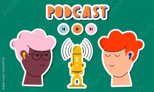 Headphones, microphone, two guys, lettering icons. Podcast recording and listening, broadcasting, online radio, audio streaming service concept. Hand drawn vector isolated colorful illustrations.