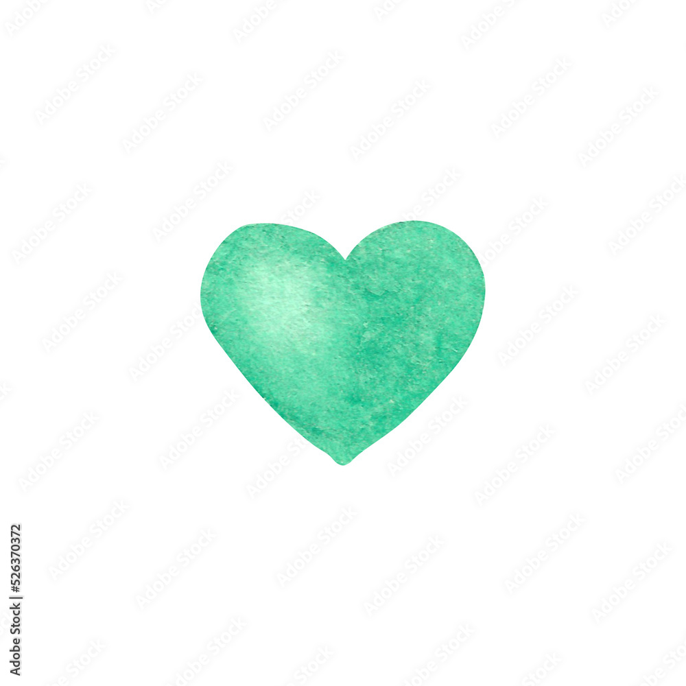 Stylish watercolor green heart in a childish style. Hand-drawn elements for textiles, fabric, wallpaper, stationery, posters, prints, invitations, cards, baby shower, nursery graphics.